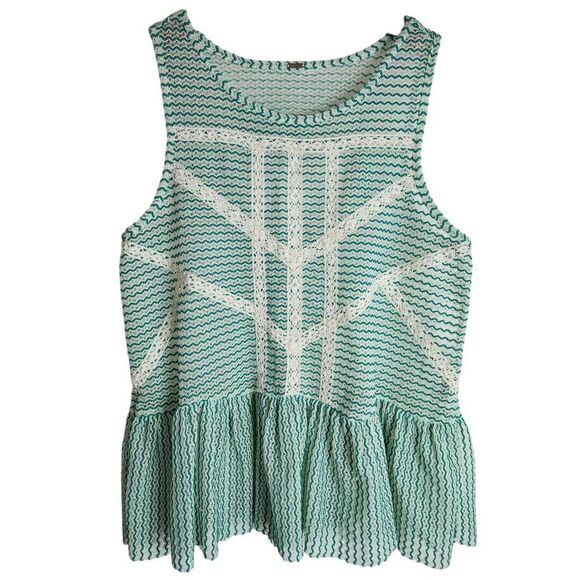Free People Blouse Top Women's XS Sleeveless Knit Peplum‎ Green Cream - Picture 1 of 5